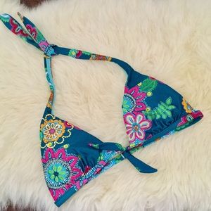 NWOT Bright Floral Tropical Blue Pink Padded Embroidered Bikini Top Sz M